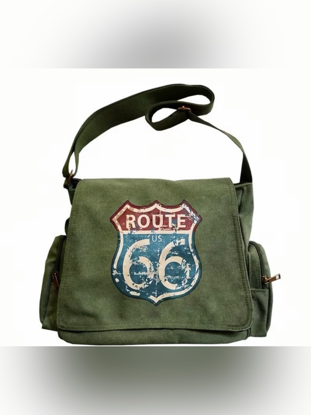 Large Capacity Messenger Canvas Bag w/Route 66 Print & Adjustable Straps